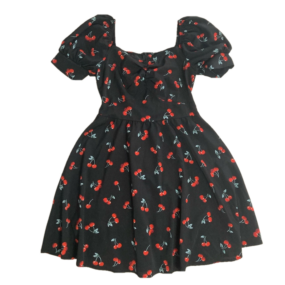 Black Mini Dress With Cherry Print - Picture 1 of 4